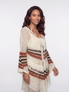 POL Cream Crochet Hooded Fringe Cardigan with Rust & Brown Stripes